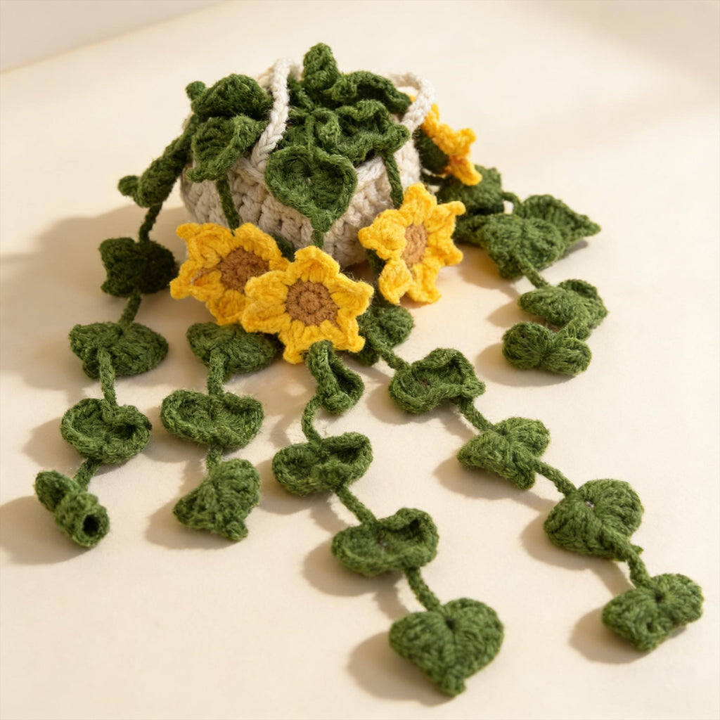 Crochet Sunflower Car Hanging Plant | Handmade Rearview Mirror Decor | Hanging Flower Basket Charm