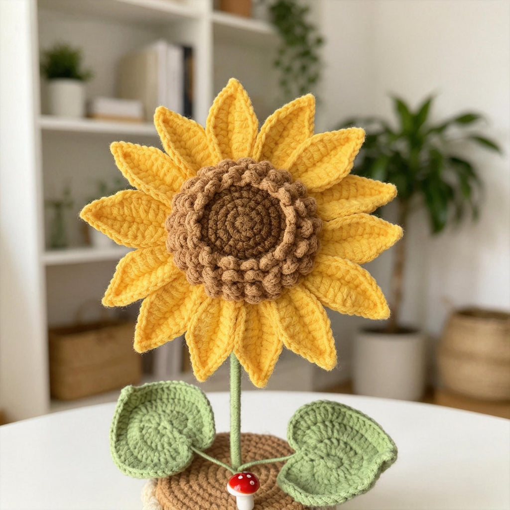 Crochet Sunflower Flower Pot, Handmade Knitted,  Desk Decor, Everlasting Flower Gift for Her