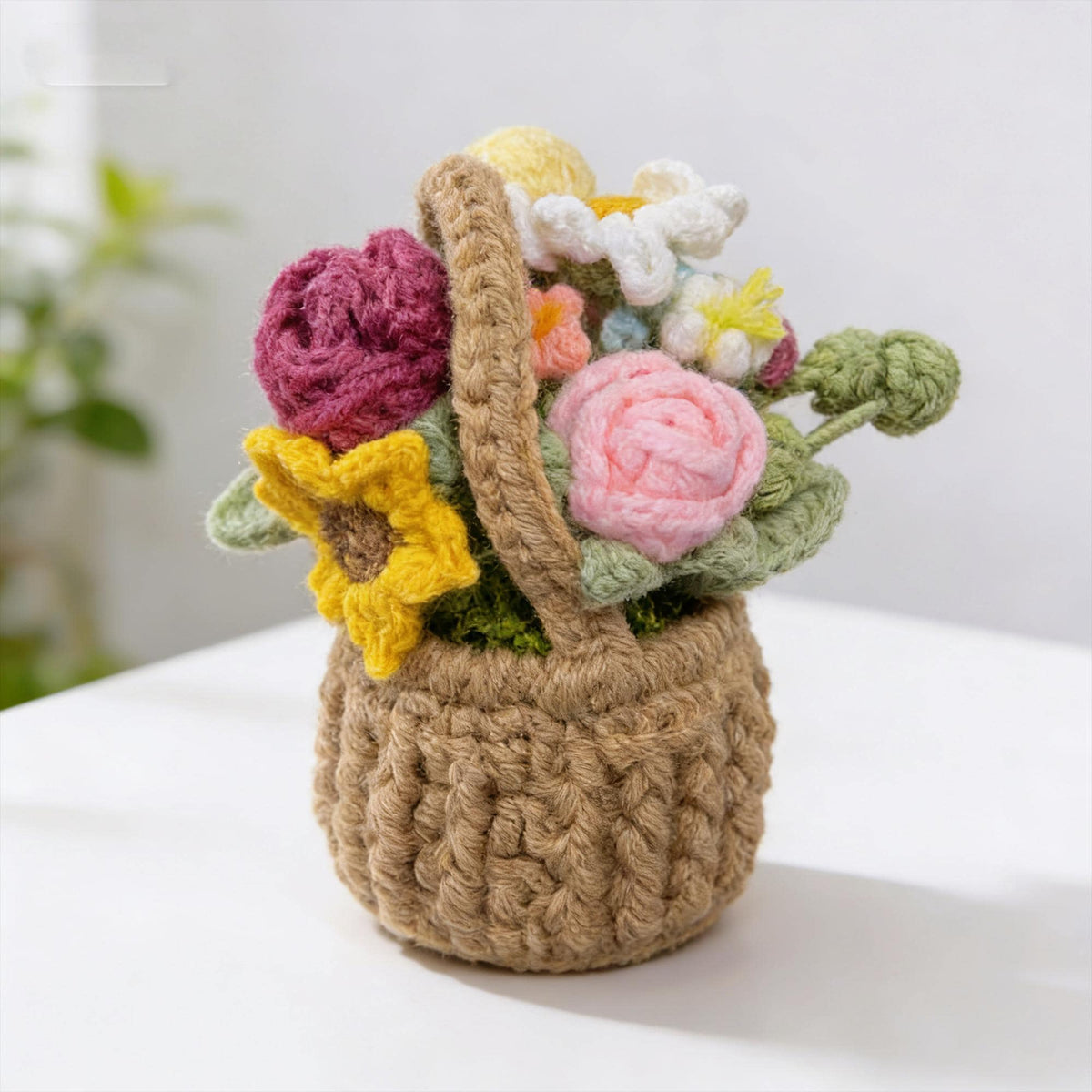 Handmade Crochet Flower Basket | Mini Bouquet Decor |  Floral Arrangement | Desk Decor | Gift for Her