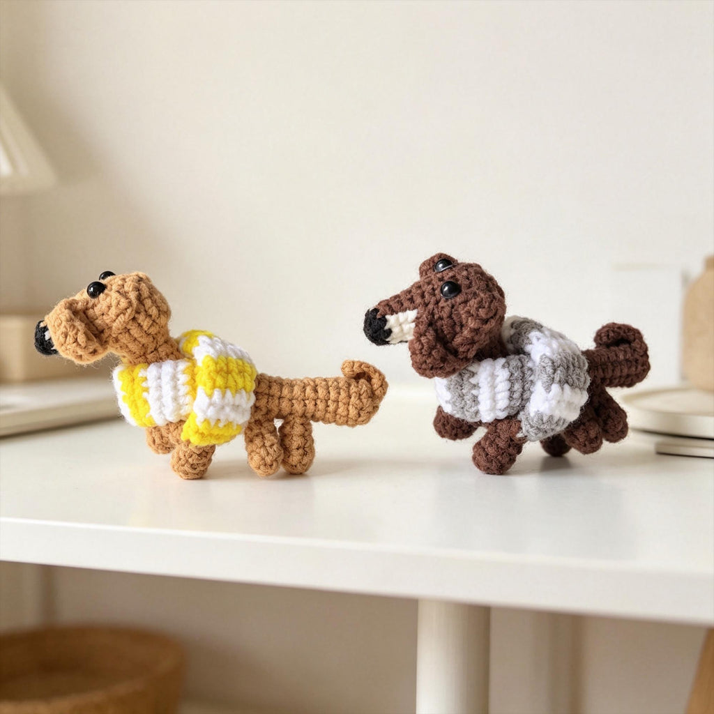 Crochet Sausage Dog Keychain, Handmade Amigurumi Dog Doll, Mini Animal Gift