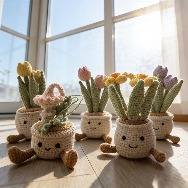 Handmade Crochet Flower Pot | Smiling Plant Plush | Cozy Home Decor Gift