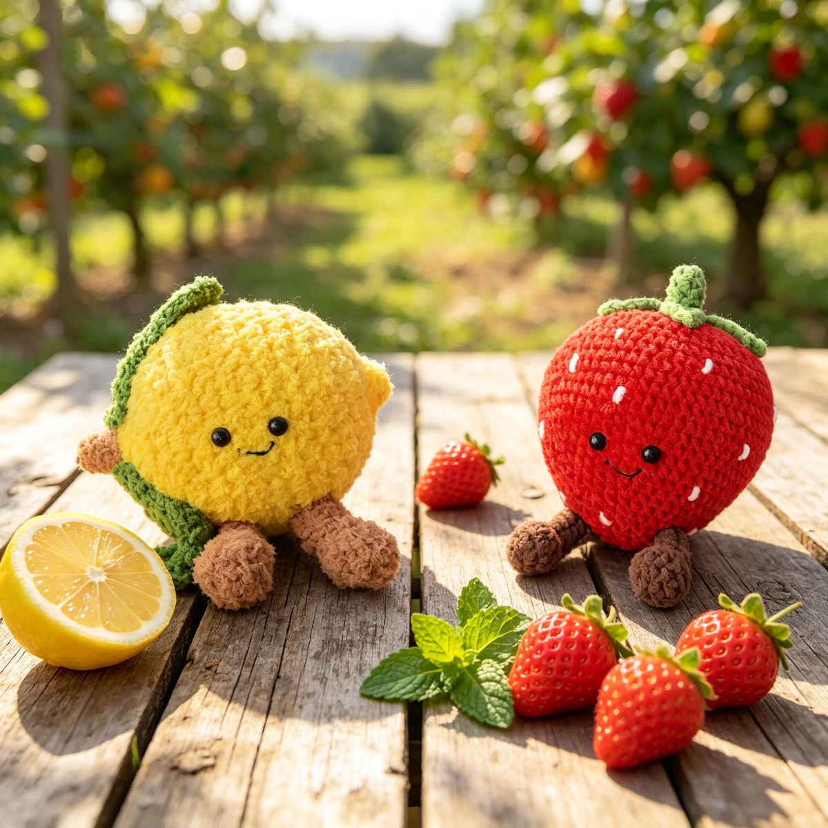 Handmade Crochet Strawberry & Lemon Plush, Amigurumi Fruit Decor, Desk Ornament