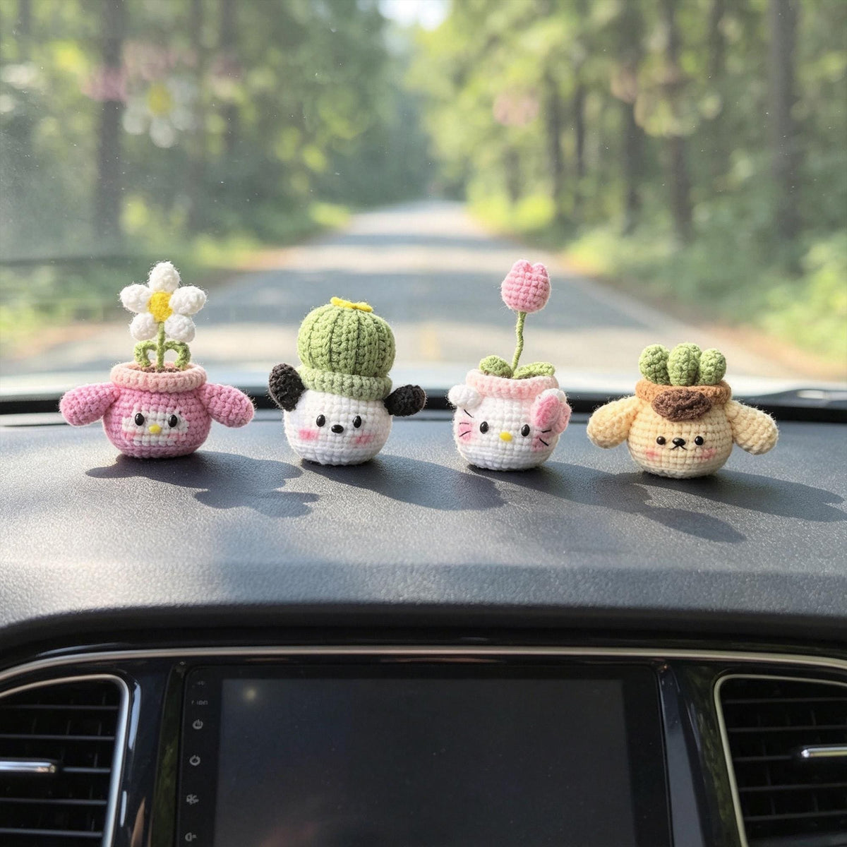 Crochet Car Dashboard Decor, Handmade Kawaii Animal Plant Plush, Desk Decor Gift
