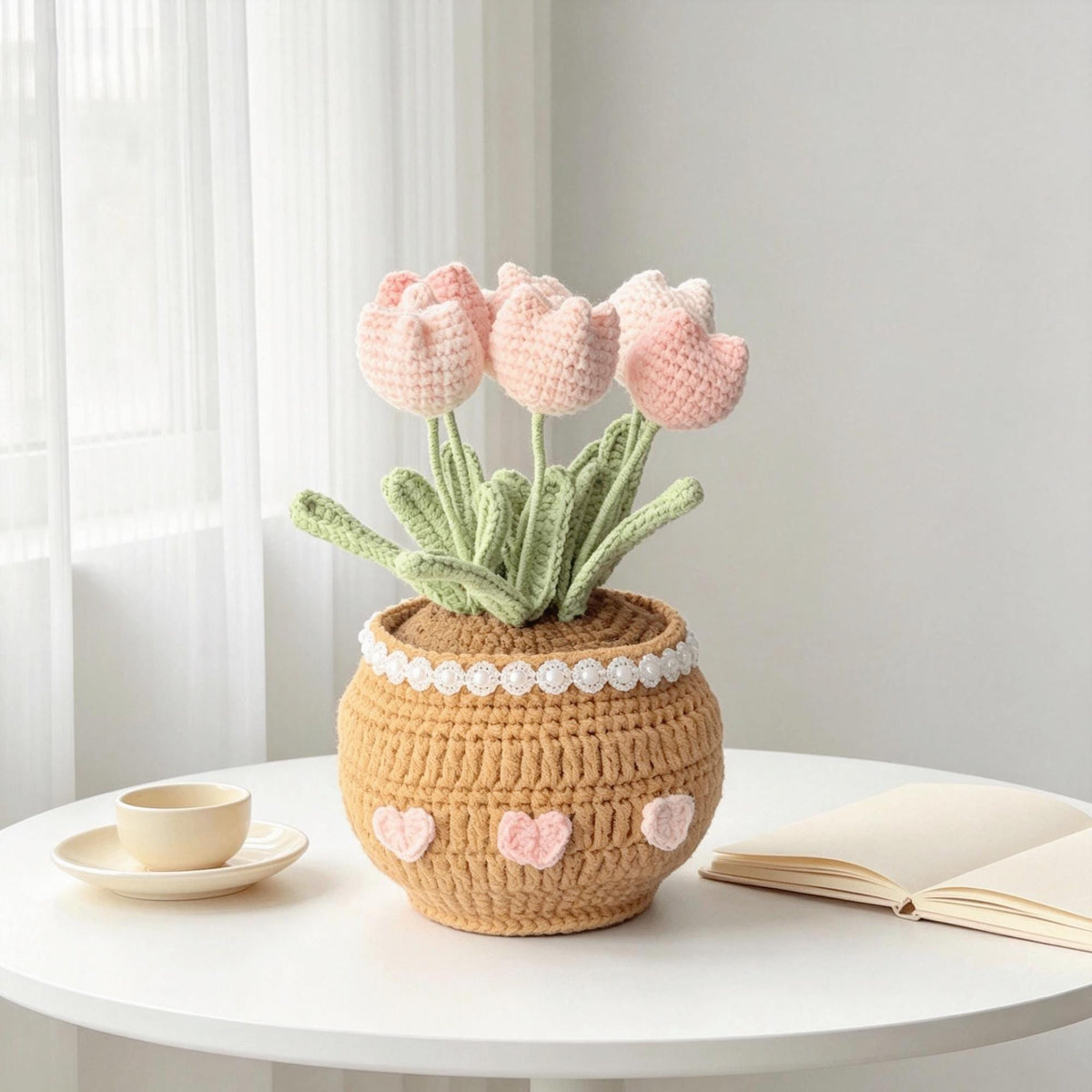 Crochet Tulip Flower Pot, Handmade Pink Tulip,Desk Decor, Mother's Day Gift