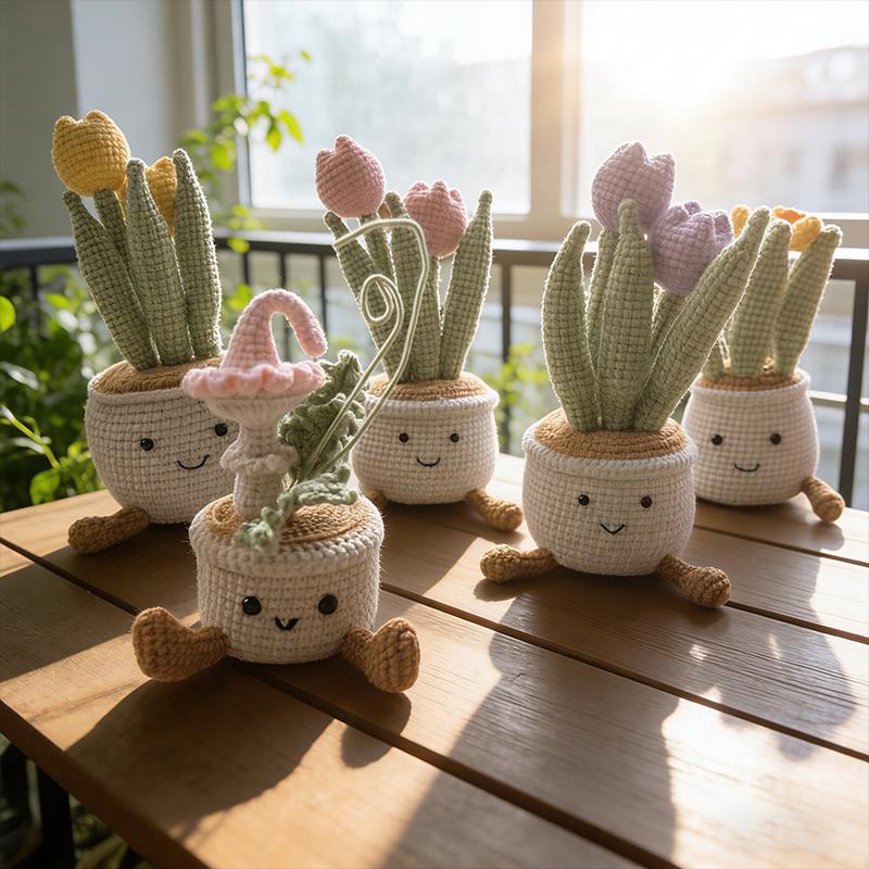 Handmade Crochet Flower Pot | Smiling Plant Plush | Cozy Home Decor Gift