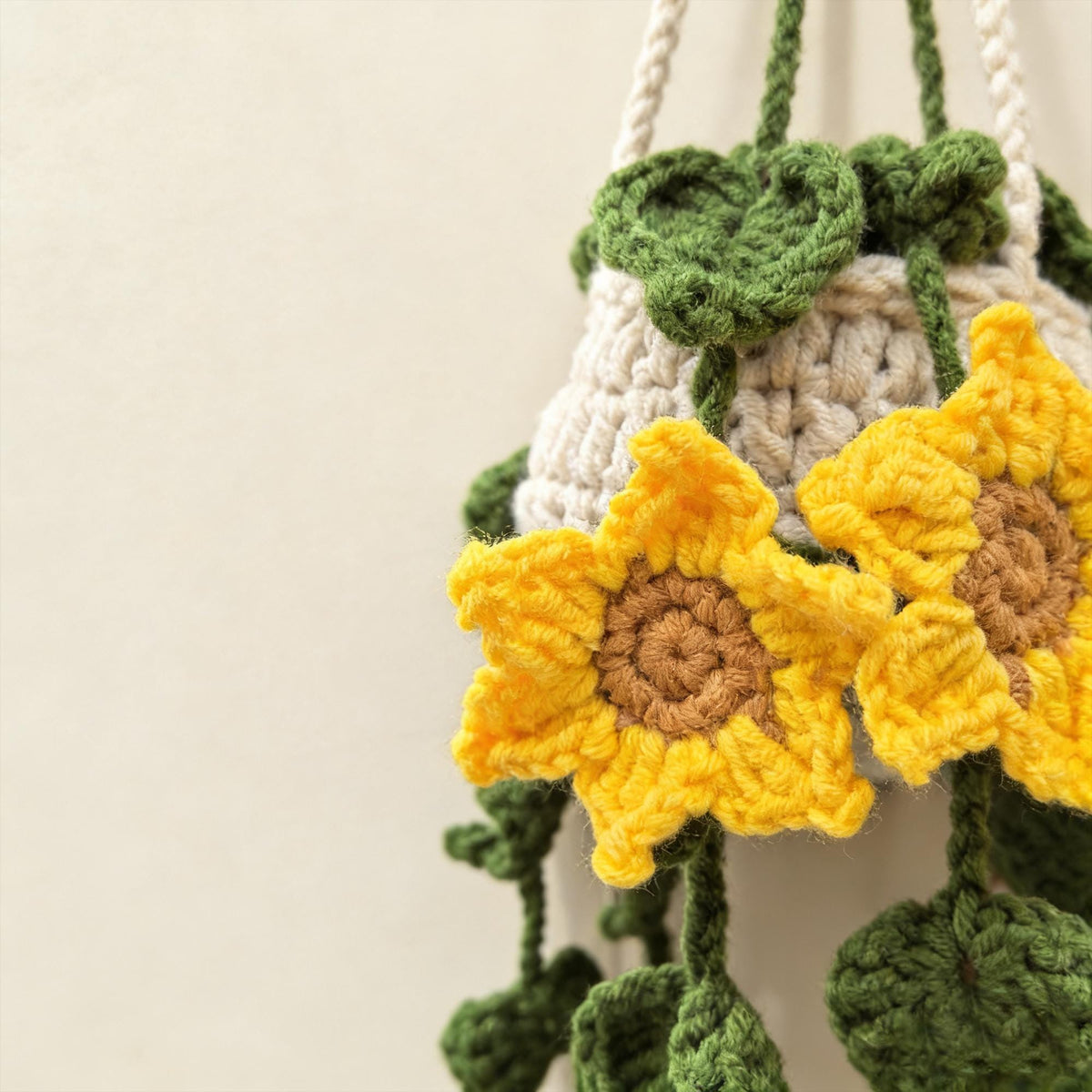 Crochet Sunflower Car Hanging Plant | Handmade Rearview Mirror Decor | Hanging Flower Basket Charm