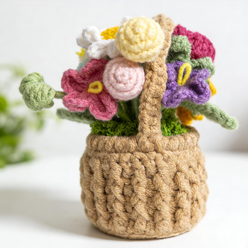Handmade Crochet Flower Basket | Mini Bouquet Decor |  Floral Arrangement | Desk Decor | Gift for Her
