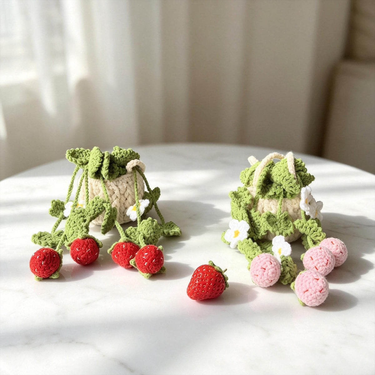 Crochet Strawberry Hanging Basket, Amigurumi Plant Decor, Cottage Garden Wall Hanging