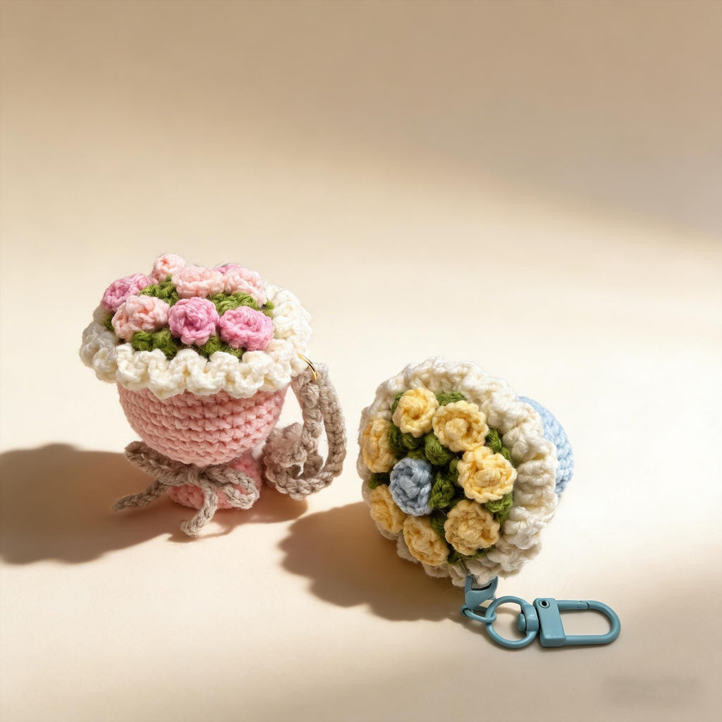 Crochet Flower Bouquet Keychain, Handmade Floral Bag Charm, Crochet Flowers, Gift for Her