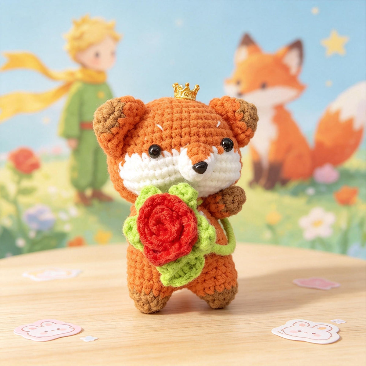 Crochet Fox Plush with Rose, Little Prince Inspired Amigurumi Fox Doll
