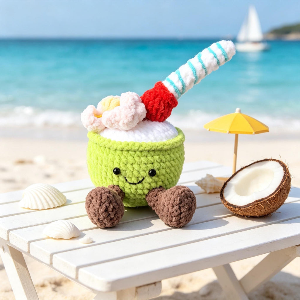 Crochet Summer Drink Plush, Handmade Coconut & Lemon Amigurumi, Cute Tropical Decor, Kawaii Desk Companion, Summer Gift