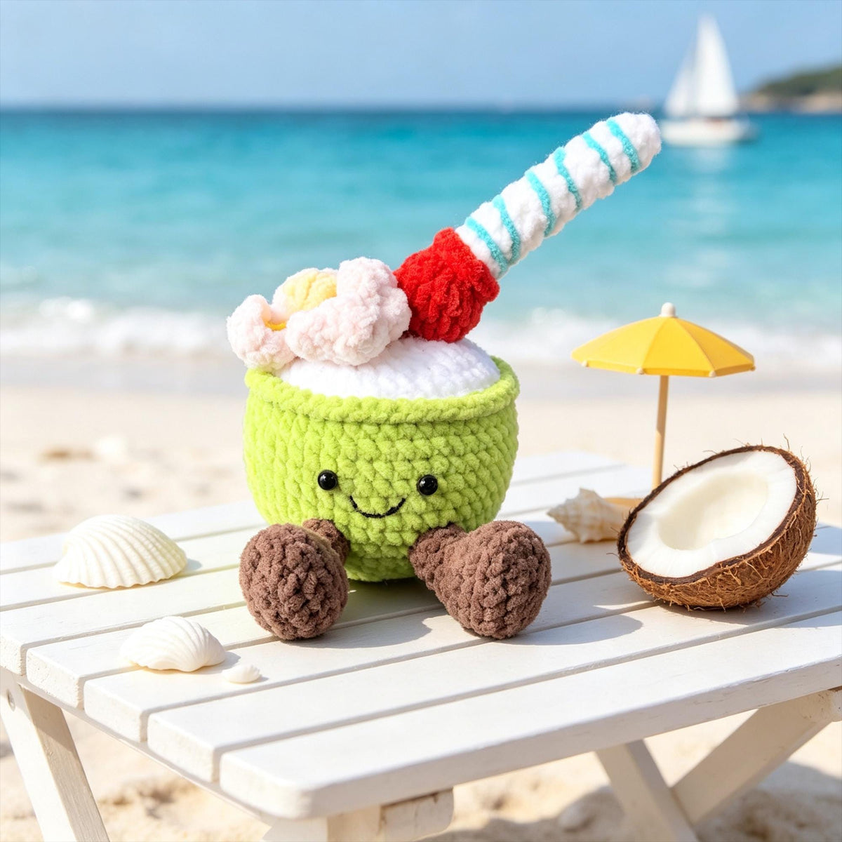 Crochet Summer Drink Plush, Handmade Coconut & Lemon Amigurumi, Cute Tropical Decor, Kawaii Desk Companion, Summer Gift