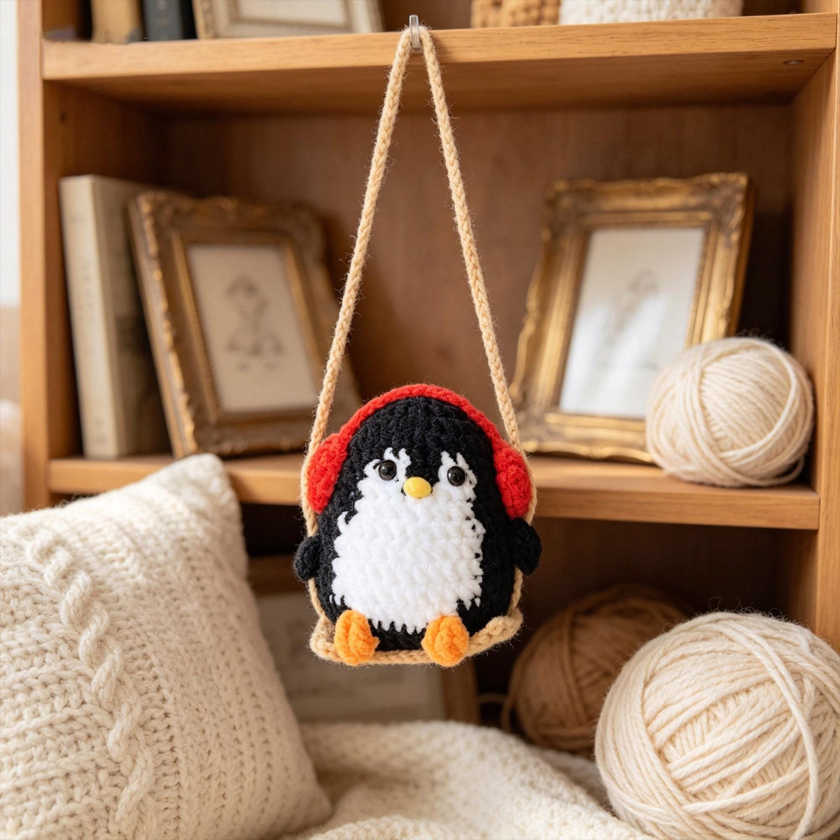 Crochet Penguin Car Hanging, Handmade Rearview Mirror Charm, Amigurumi Car Decor, bag keychain