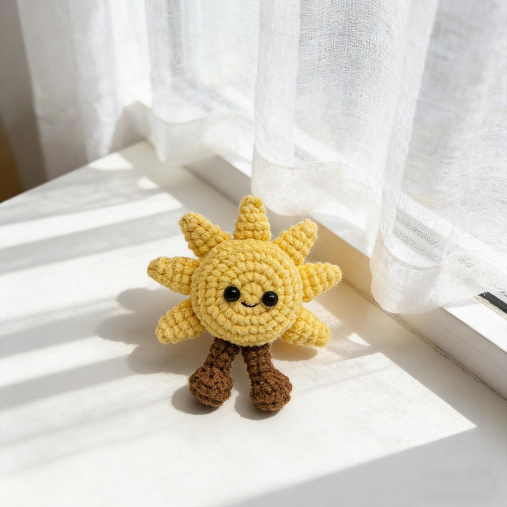 Handmade Crochet Sun Plush,  Kawaii Sunshine Amigurumi Doll, Smiling Sun Desk Decor Gift