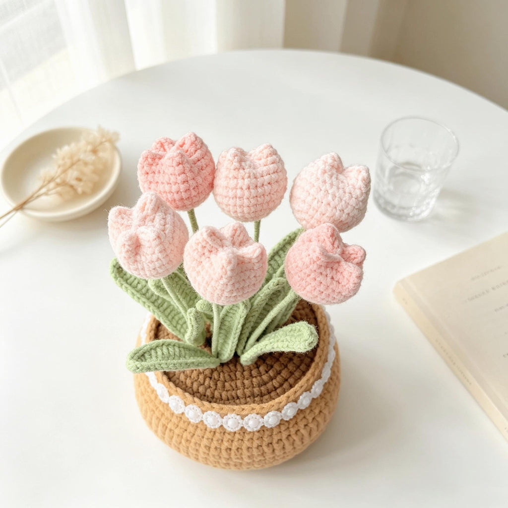 Crochet Tulip Flower Pot, Handmade Pink Tulip,Desk Decor, Mother's Day Gift