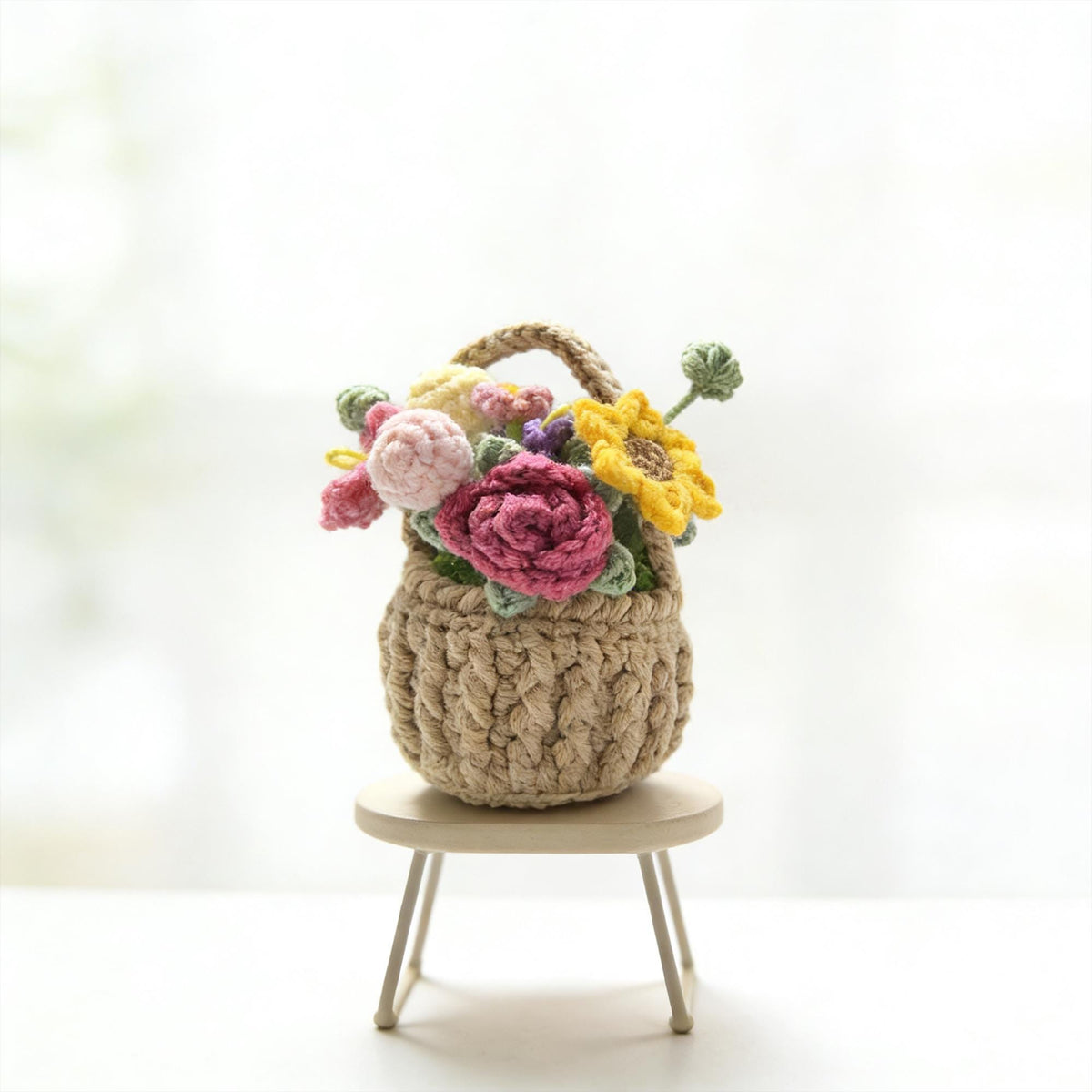 Handmade Crochet Flower Basket | Mini Bouquet Decor |  Floral Arrangement | Desk Decor | Gift for Her