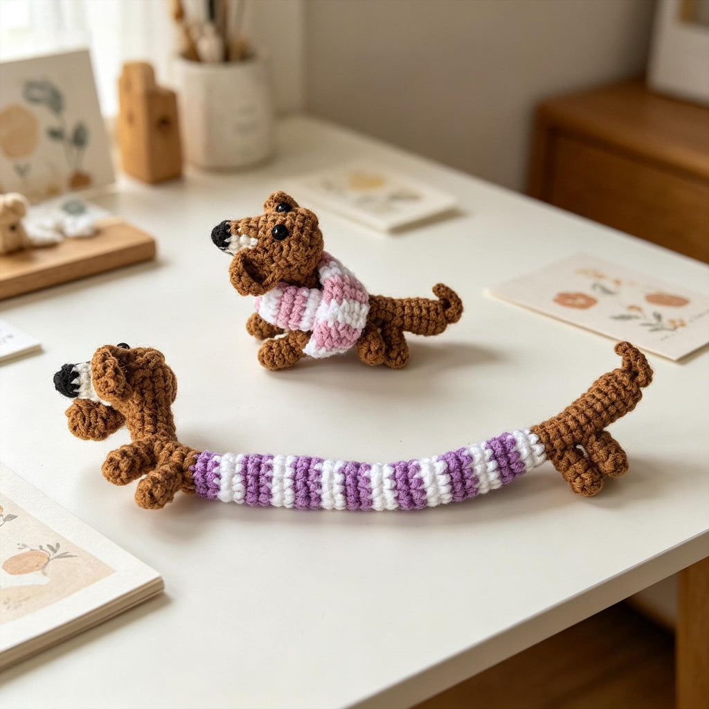 Crochet Sausage Dog Keychain, Handmade Amigurumi Dog Doll, Mini Animal Gift