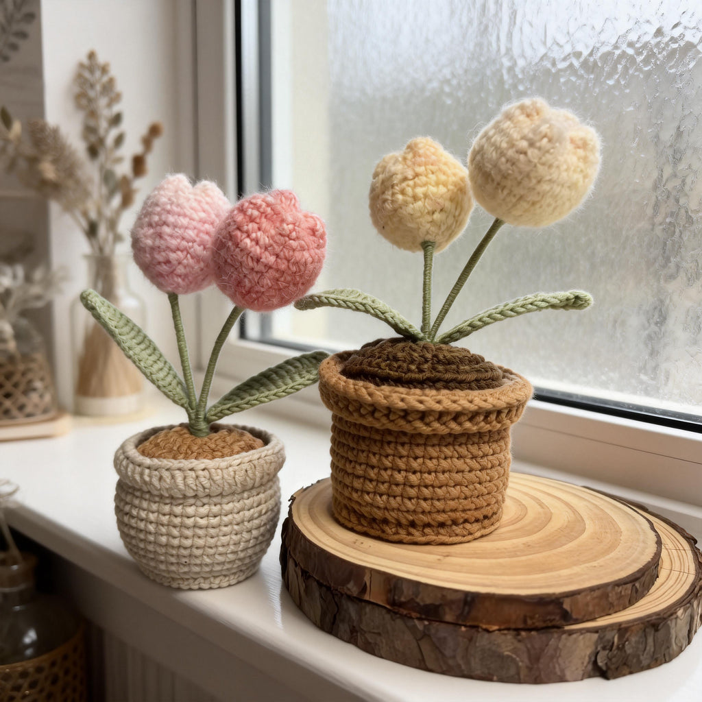 Handmade Crochet Flower Pot | Mini Potted Sunflower Tulip Decor | Amigurumi Plant Gift Home Decor