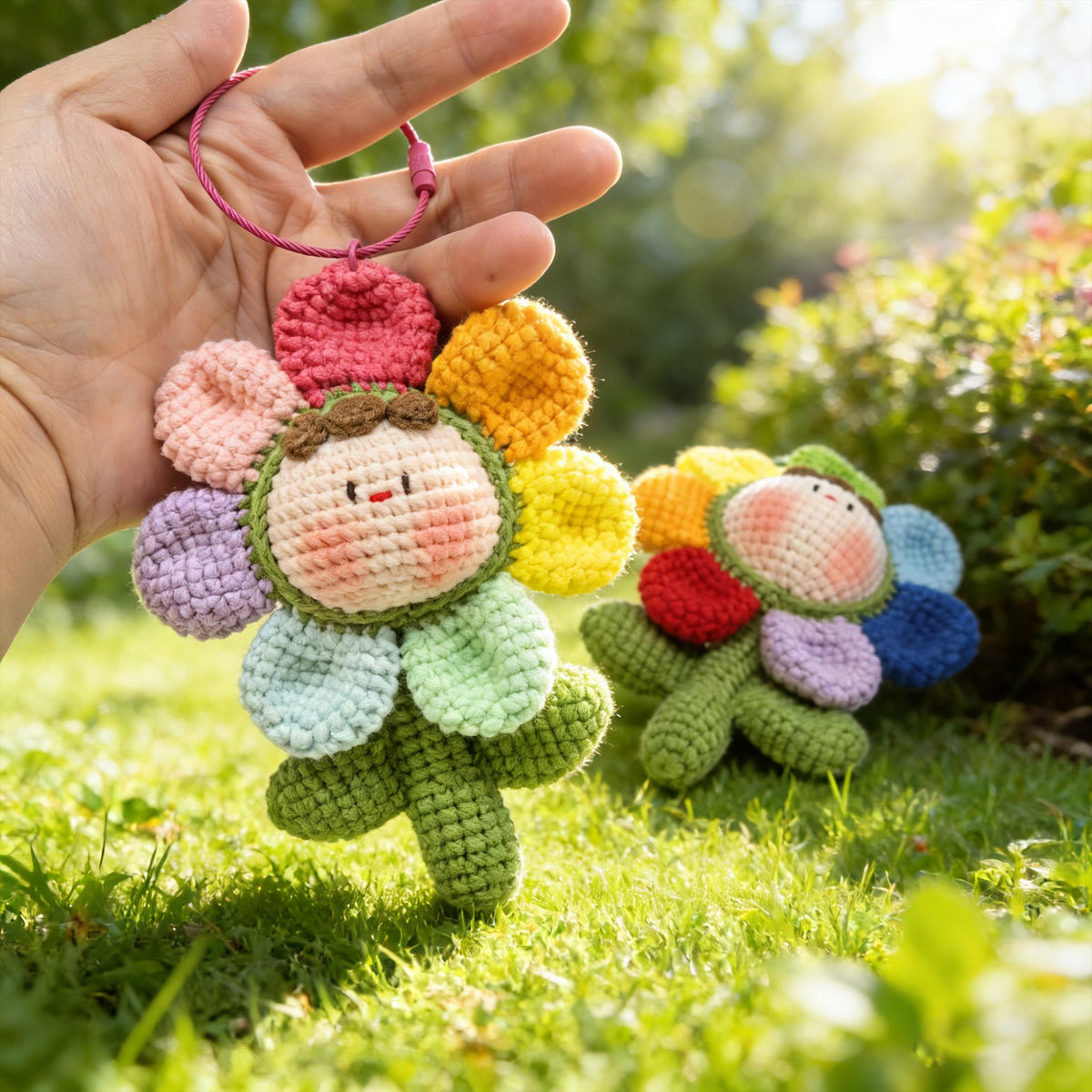 Crochet Flower Doll Keychain, Handmade Kawaii Flower Plush, Amigurumi Bag Charm,  Gift for Her