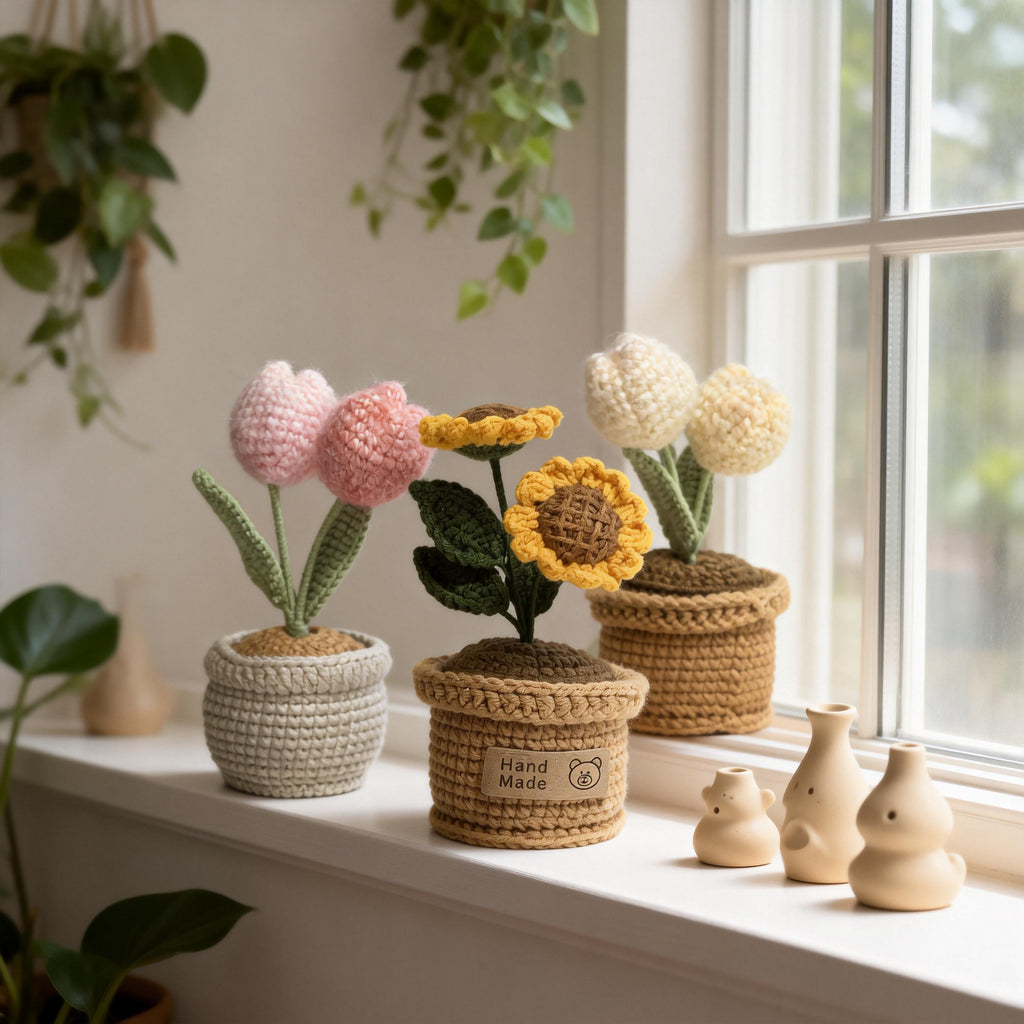 Handmade Crochet Flower Pot | Mini Potted Sunflower Tulip Decor | Amigurumi Plant Gift Home Decor