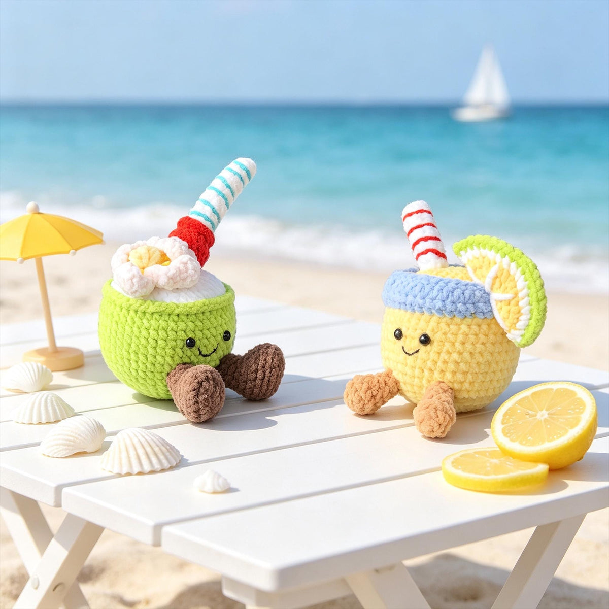 Crochet Summer Drink Plush, Handmade Coconut & Lemon Amigurumi, Cute Tropical Decor, Kawaii Desk Companion, Summer Gift