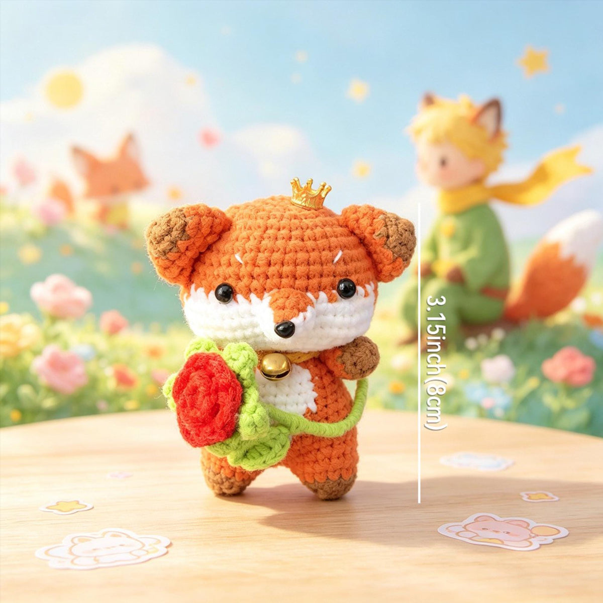 Crochet Fox Plush with Rose, Little Prince Inspired Amigurumi Fox Doll