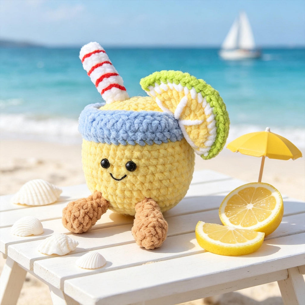 Crochet Summer Drink Plush, Handmade Coconut & Lemon Amigurumi, Cute Tropical Decor, Kawaii Desk Companion, Summer Gift