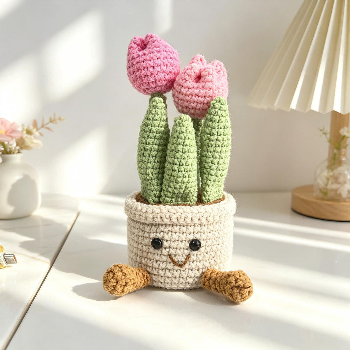 Crochet Tulip Flower Pot Handmade Potted Plant Desk Decor Gift