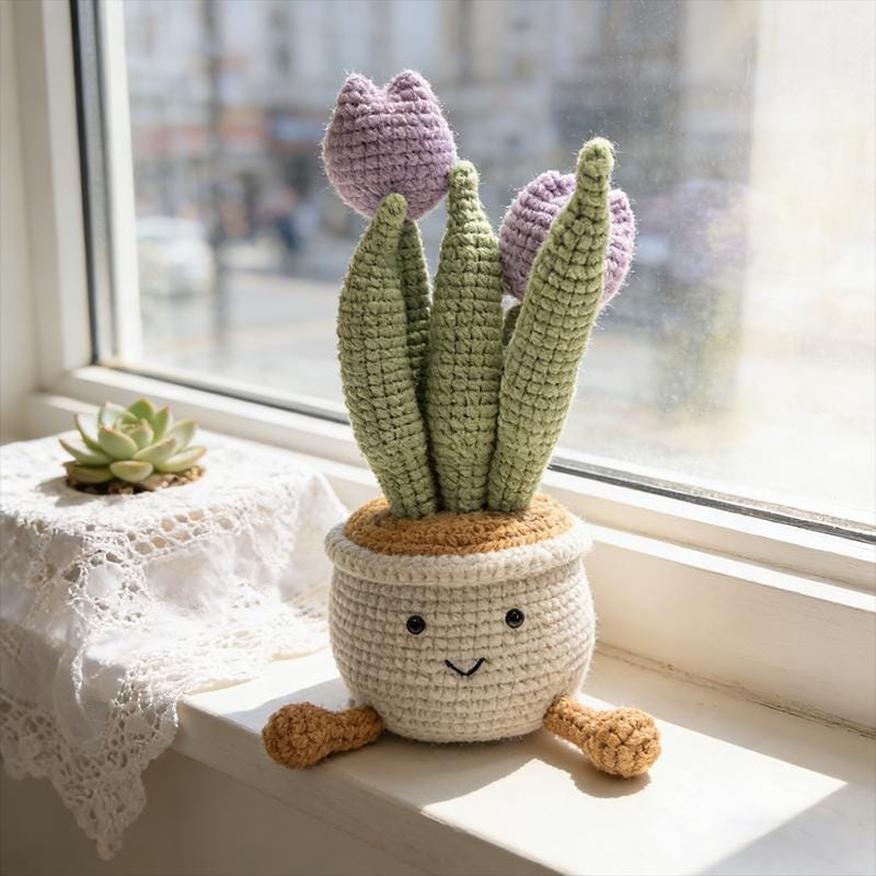 Handmade Crochet Flower Pot | Smiling Plant Plush | Cozy Home Decor Gift