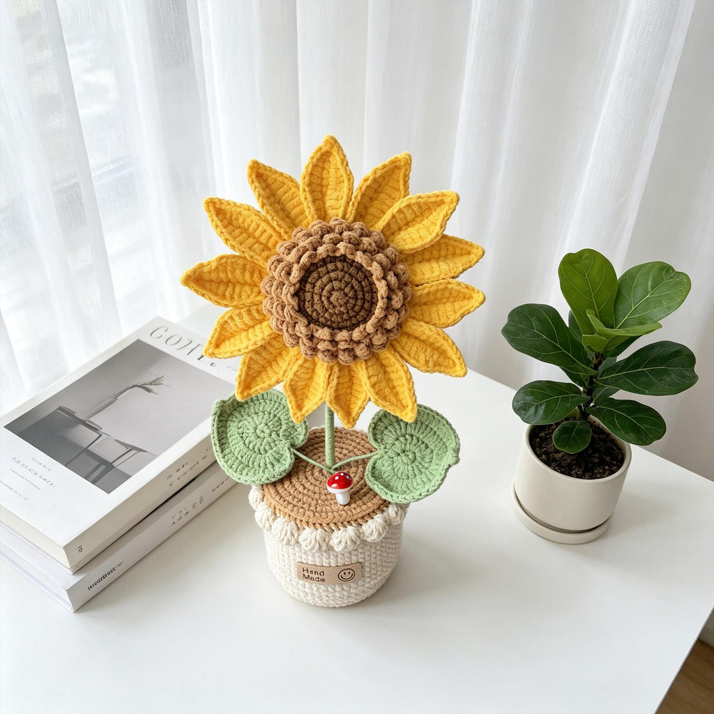 Crochet Sunflower Flower Pot, Handmade Knitted,  Desk Decor, Everlasting Flower Gift for Her