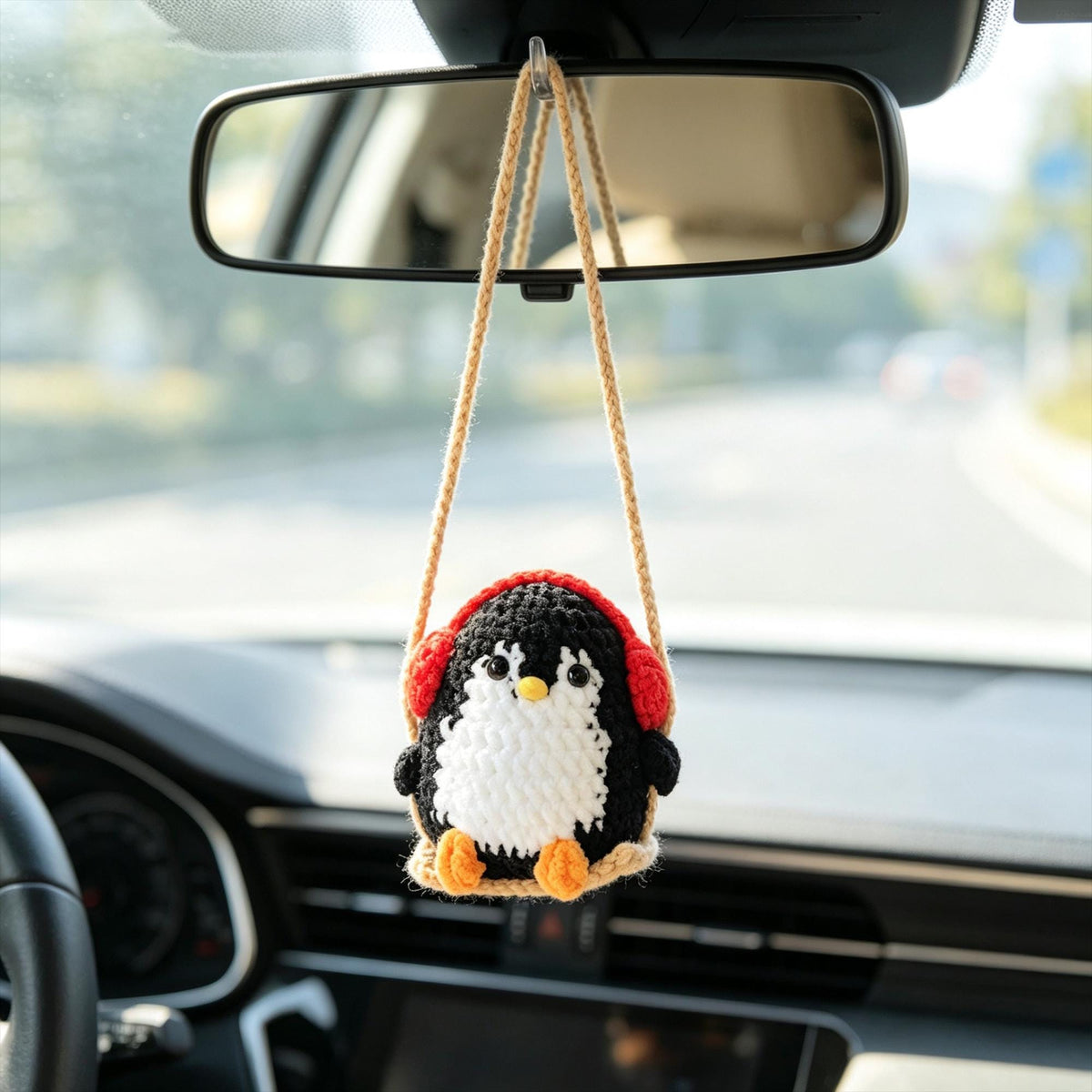 Crochet Penguin Car Hanging, Handmade Rearview Mirror Charm, Amigurumi Car Decor, bag keychain