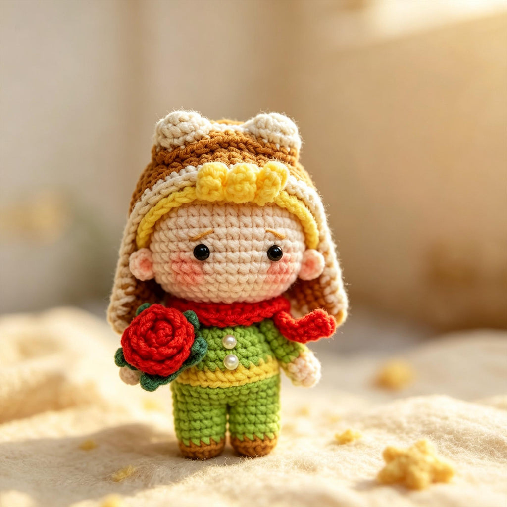 Crochet Fox Plush with Rose, Little Prince Inspired Amigurumi Fox Doll
