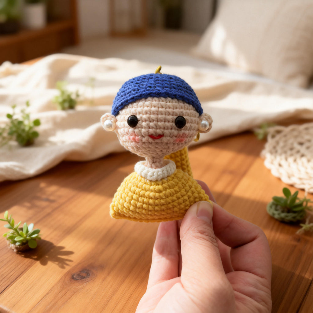 Crochet Girl with Pearl Earring Doll, Handmade Art Inspired Amigurumi,  Art Lover