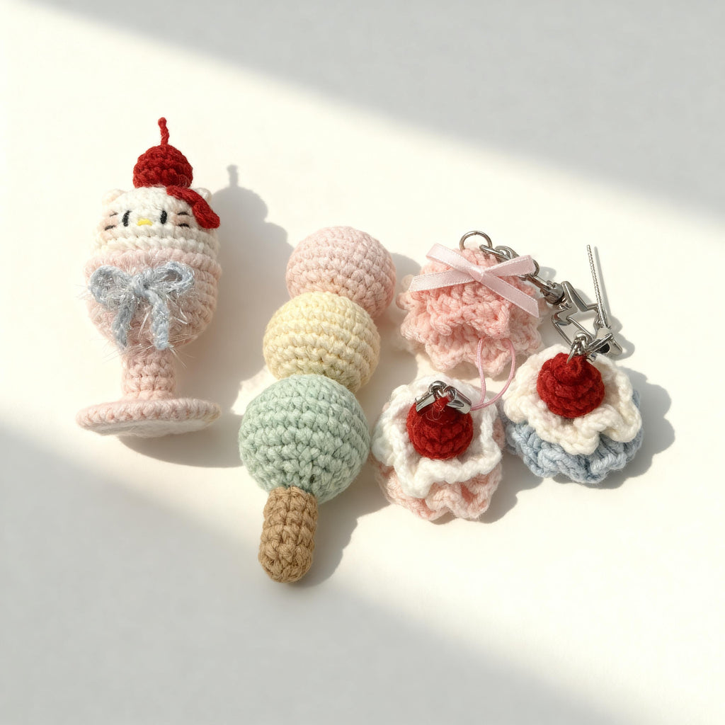 Handmade Crochet Dessert Keychain |  Ice Cream & Cake Charm | Kawaii Amigurumi Gift