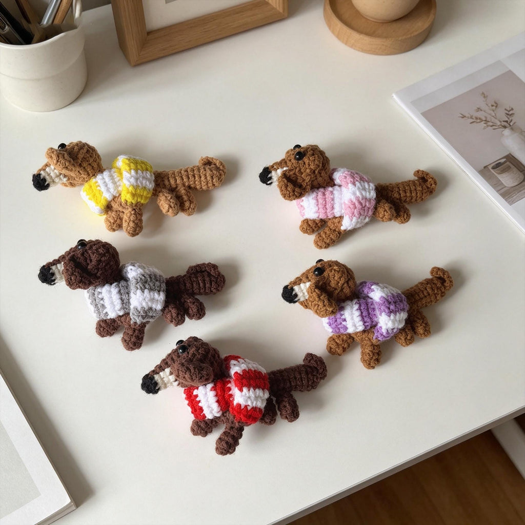 Crochet Sausage Dog Keychain, Handmade Amigurumi Dog Doll, Mini Animal Gift
