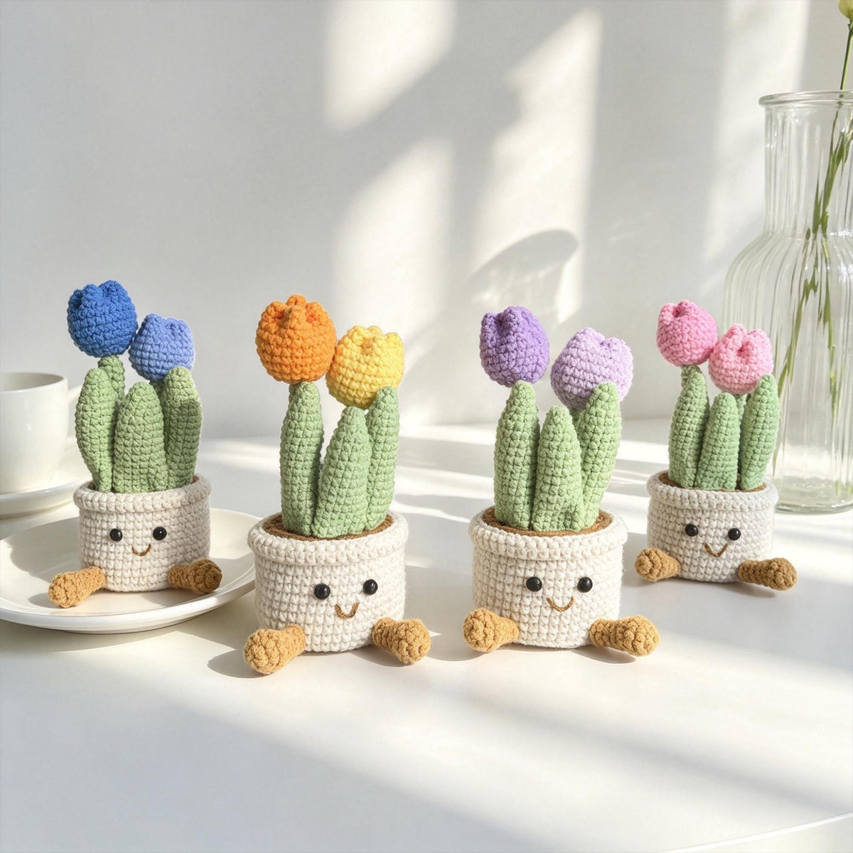 Crochet Tulip Flower Pot Handmade Potted Plant Desk Decor Gift