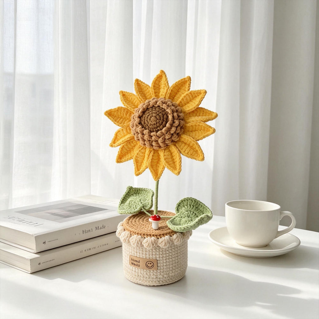 Crochet Sunflower Flower Pot, Handmade Knitted,  Desk Decor, Everlasting Flower Gift for Her