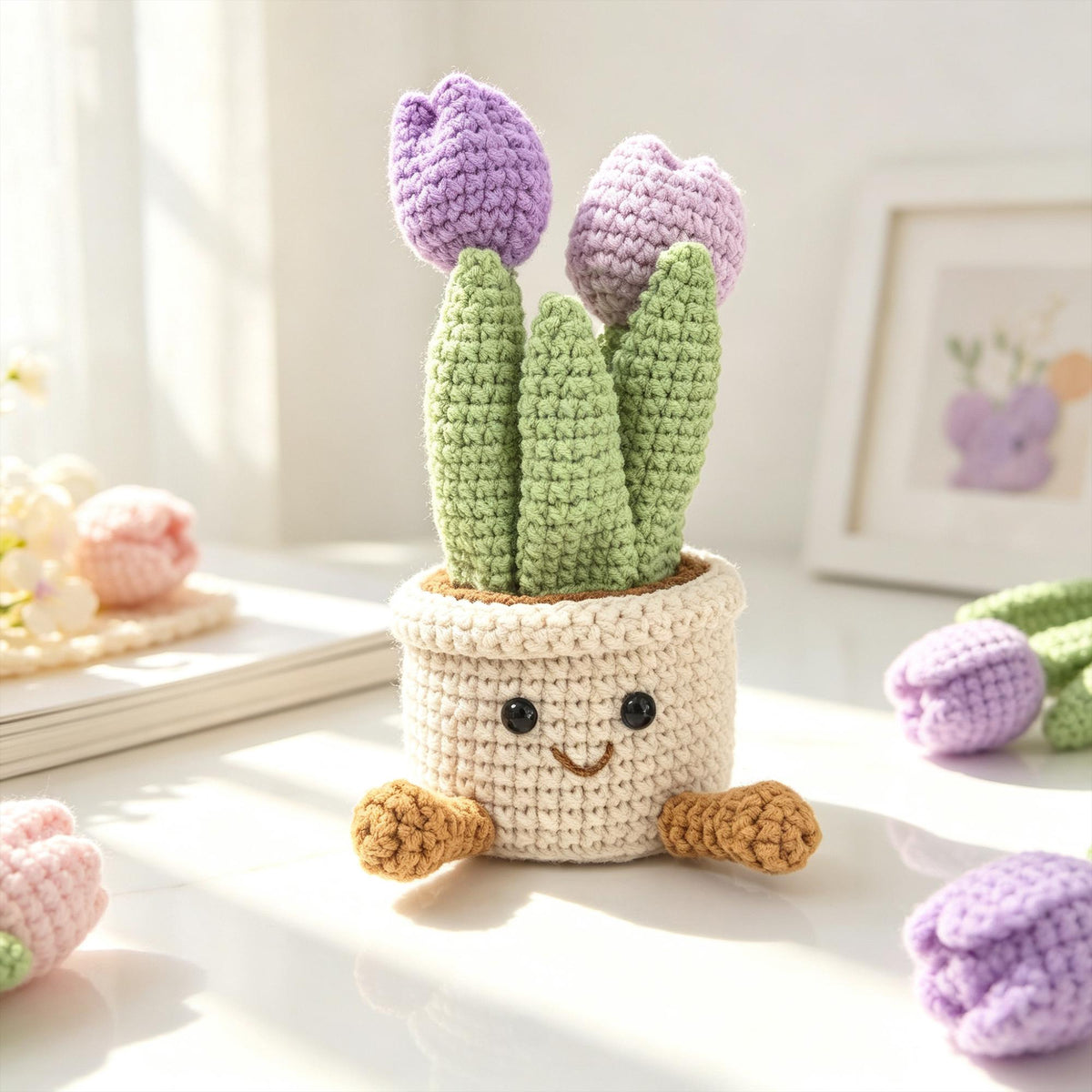 Crochet Tulip Flower Pot Handmade Potted Plant Desk Decor Gift
