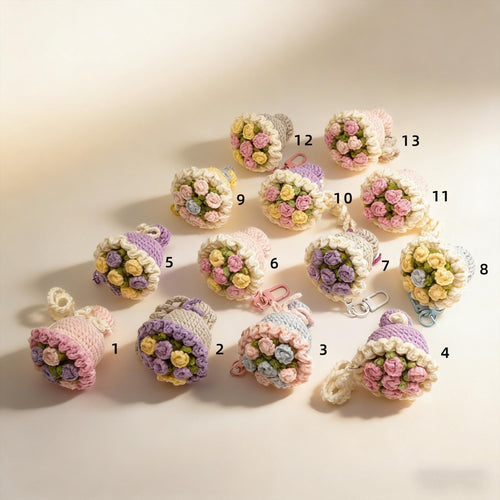 Crochet Flower Bouquet Keychain, Handmade Floral Bag Charm, Crochet Flowers, Gift for Her