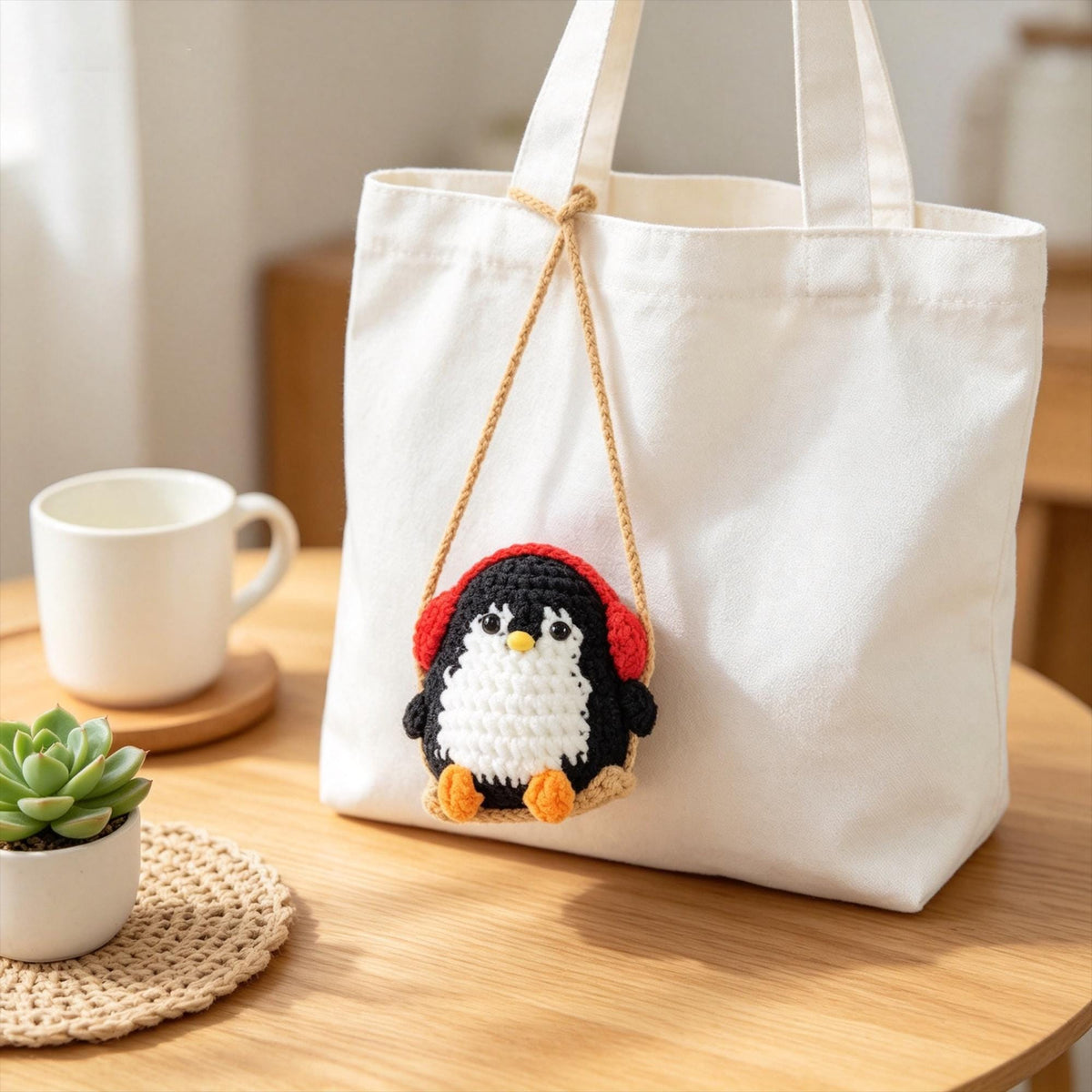 Crochet Penguin Car Hanging, Handmade Rearview Mirror Charm, Amigurumi Car Decor, bag keychain