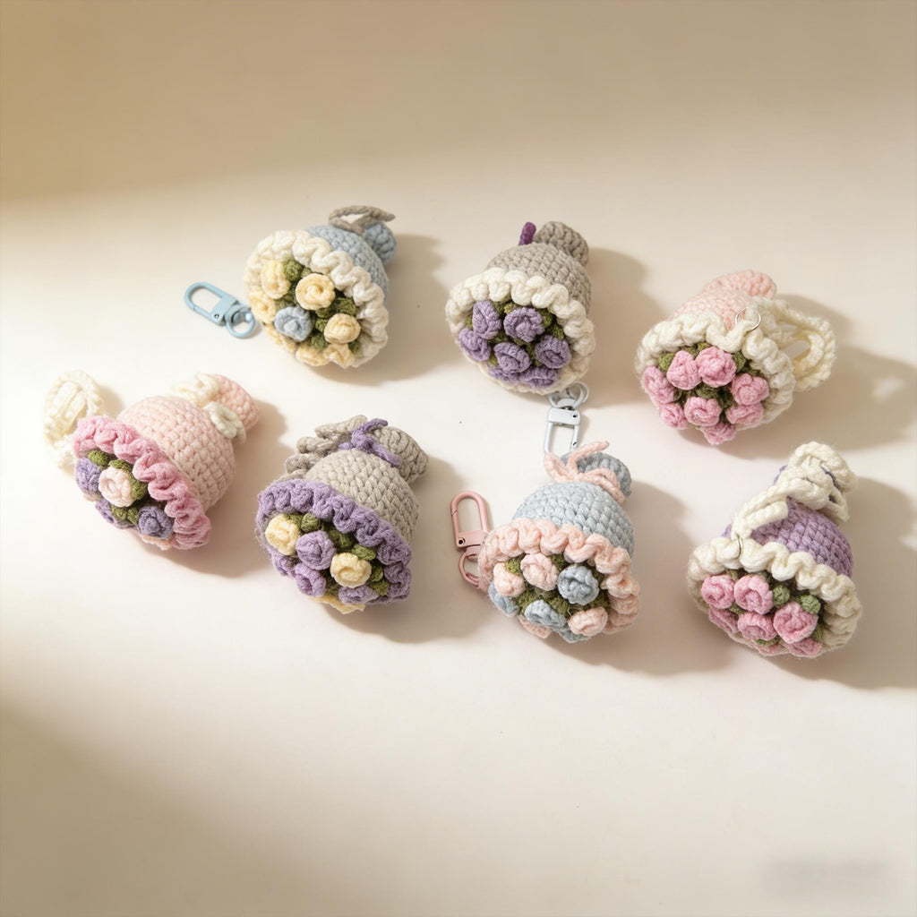 Crochet Flower Bouquet Keychain, Handmade Floral Bag Charm, Crochet Flowers, Gift for Her