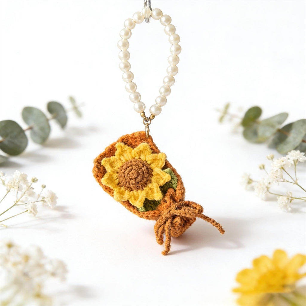 Handmade Crochet Sunflower Bag Charm, Sunflower Keychain, Amigurumi Flower Pendant, Gift for Her