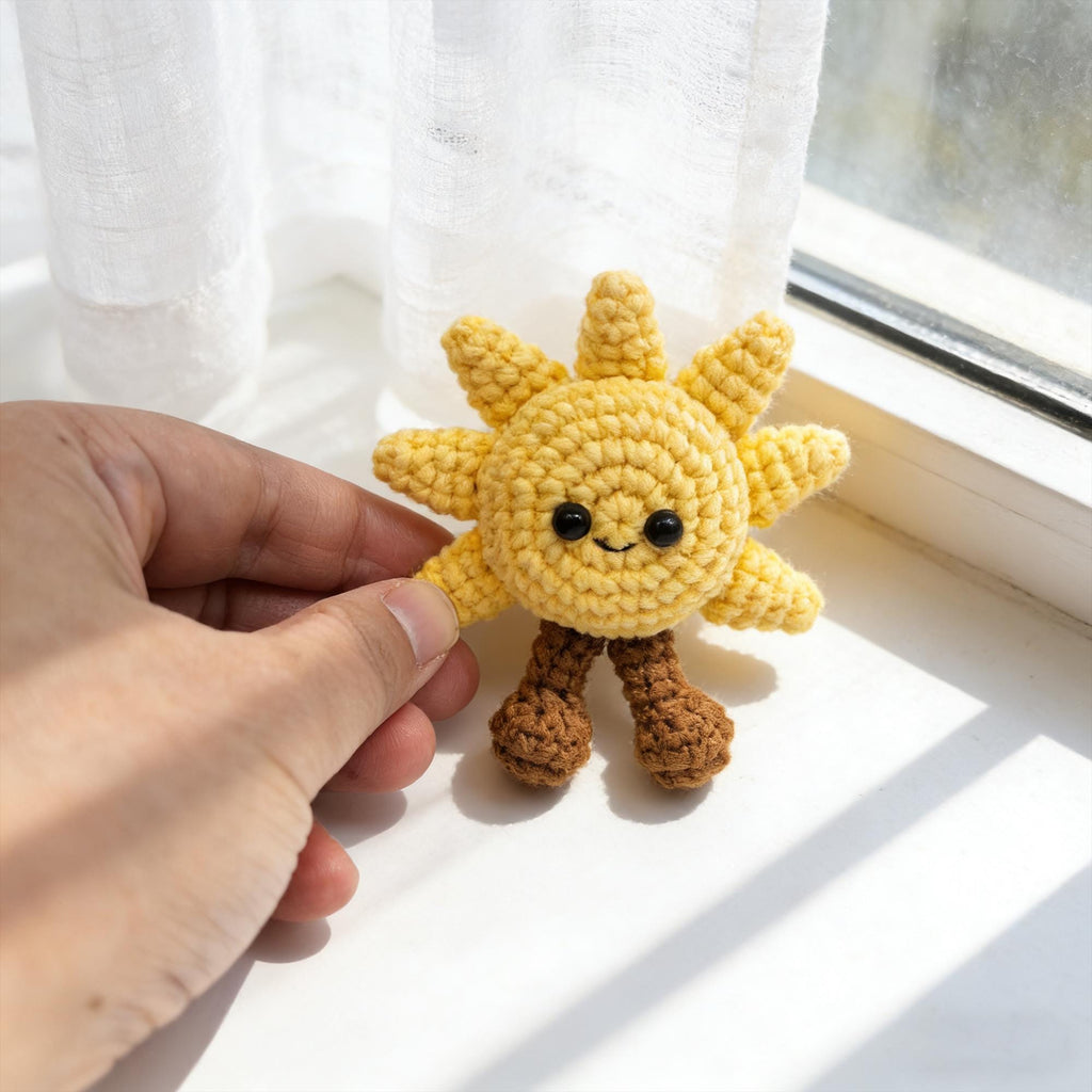 Handmade Crochet Sun Plush,  Kawaii Sunshine Amigurumi Doll, Smiling Sun Desk Decor Gift