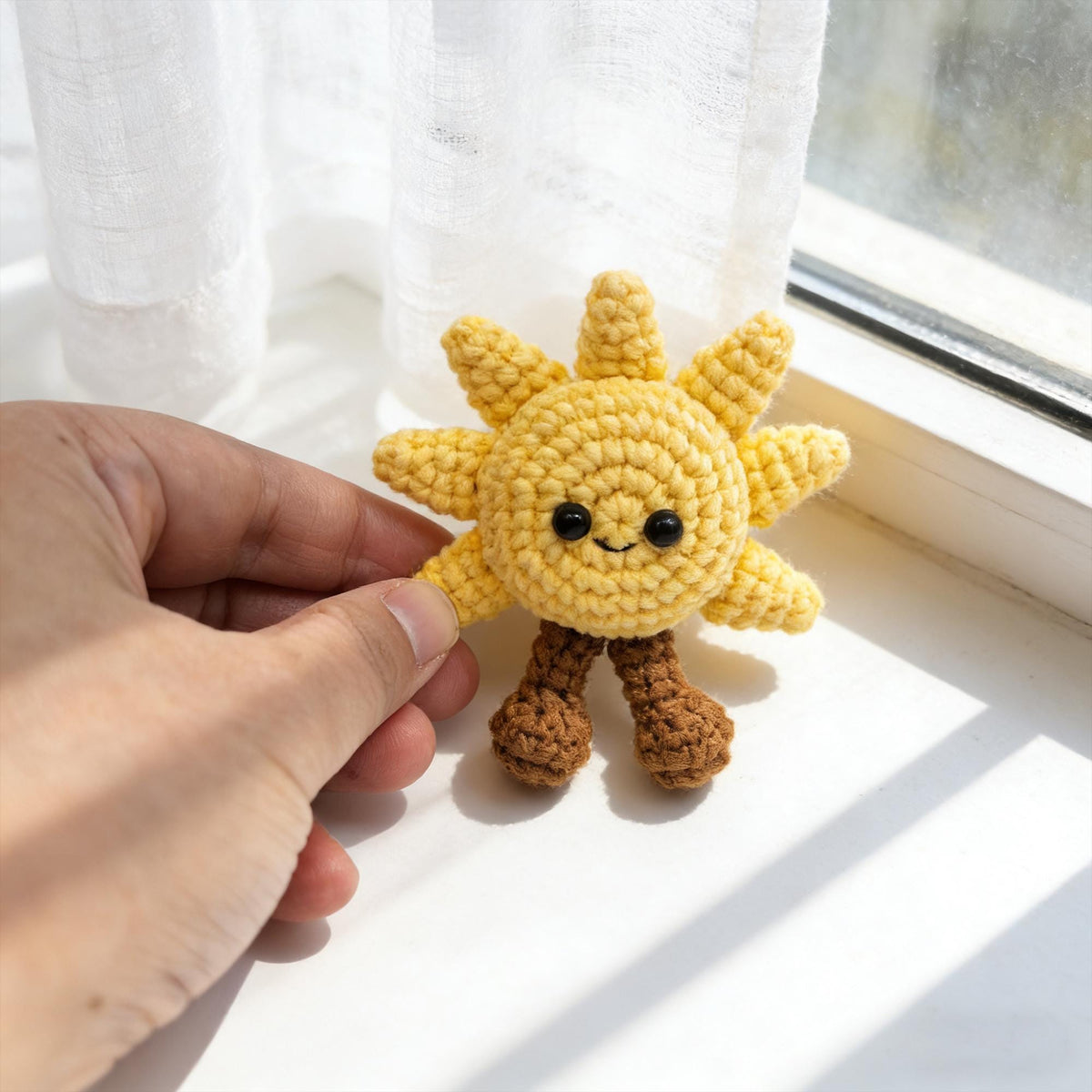Handmade Crochet Sun Plush,  Kawaii Sunshine Amigurumi Doll, Smiling Sun Desk Decor Gift