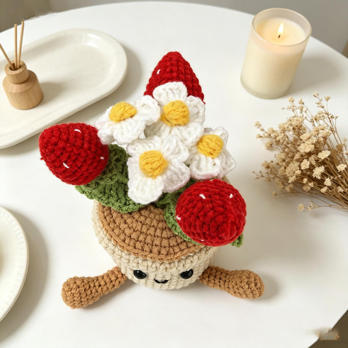 Crochet Strawberry Flower Pot Plush, Handmade Amigurumi Plant Desk Decor Gift