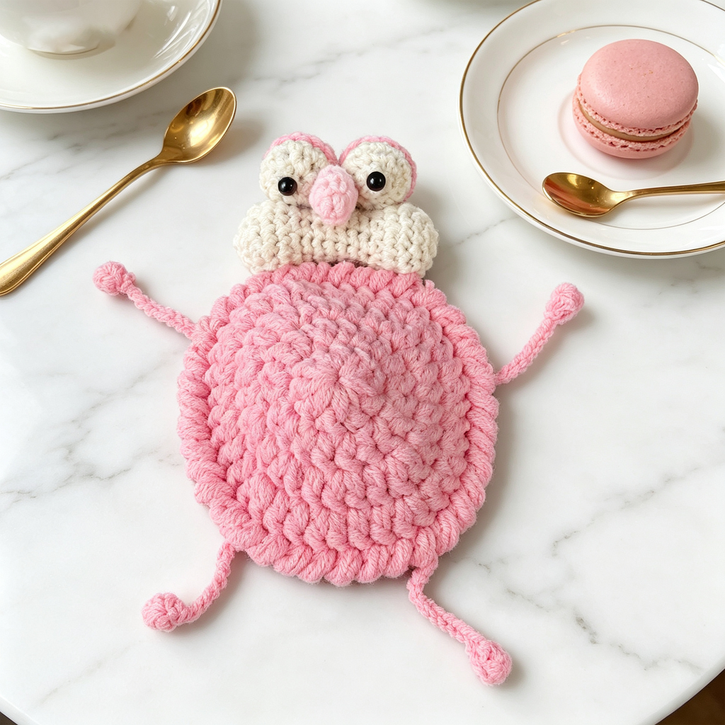 Handmade Crochet Peek-Up Mug Coaster – Cute Interactive Cup Mat